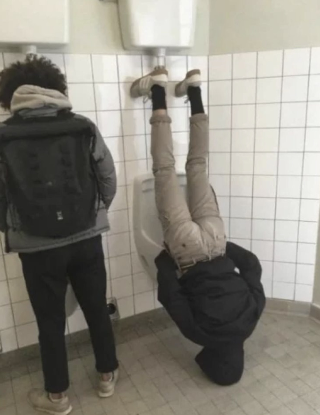 guy peeing upside down meme